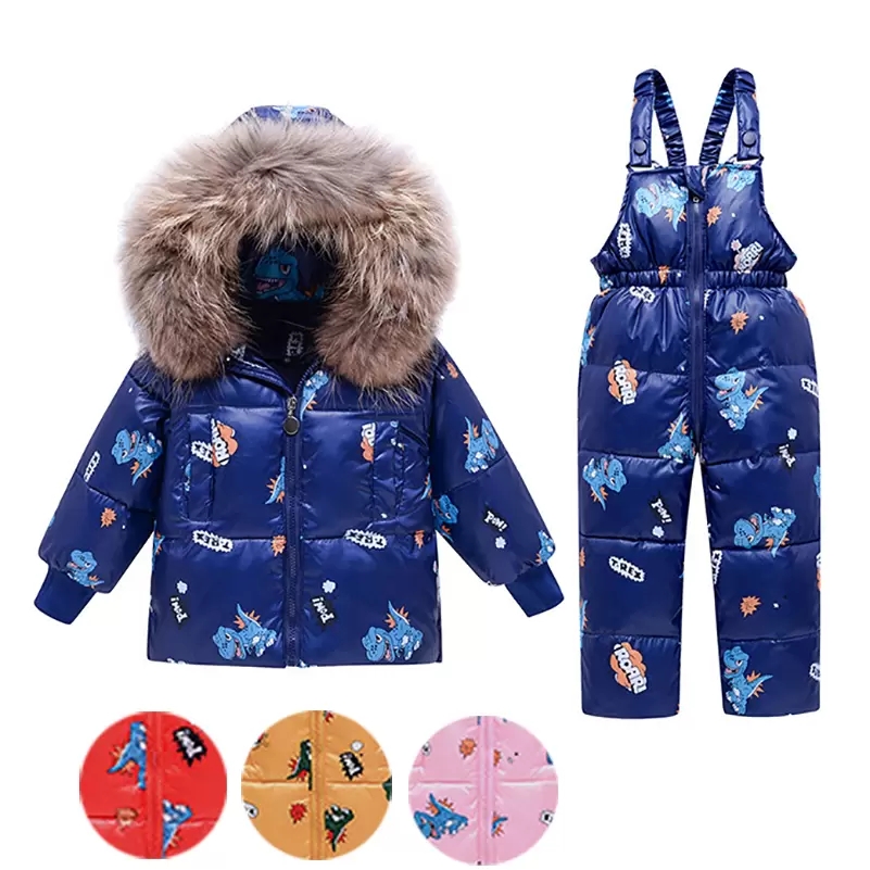 OC 409M95 Ensembles de vêtements Manteau épais et chaud pour bébé Body Outwear Col en fourrure véritable Canard blanc Barboteuses Ensemble 2 pièces Ouverture à glissière Ceinture pantalon