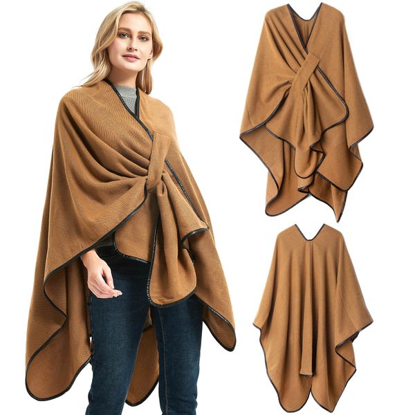 OC0045 châle pour femmes européennes et américaines mode boucle bord en cuir couleur unie Cape acrylique fendue