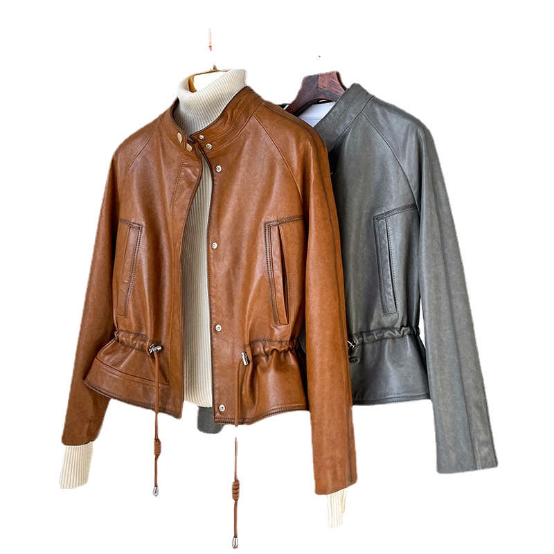 OC228M19 Damen-Mantel aus echtem Leder, Herbst-/Winterjacke, Schaffell, kurzer Stil, Reißverschluss, tägliches Pendeln