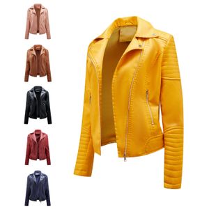OC46458 bricolage + sangle printemps et automne court manteau en cuir pour femmes coupe ajustée col rabattable moto costume diagonale veste à glissière