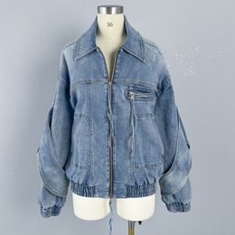 OC468M56 Chaqueta vaquera holgada de primavera para mujer, solapa informal de algodón con agujeros, lavada a la piedra, abrigo de moda