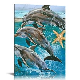 Ocean Badkamer Wall Art Coastal Dolphin Pictures Badkamer Wall Decor Badkamer Canvas Afdrukken Schilder Stranddecoraties Inlijst kunstwerken voor badkamer Slaapkamer 16 "X20"