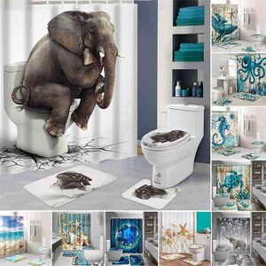 Ocean Beach Shell Zeeschildpad Olifant Douchegordijn 3D Waterdichte Gordijnen Badkamer Voetstuk RUG Deksel Toilethoes Bad Mat Set 210402