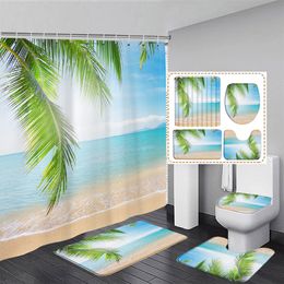 Ocean Beach Shower Curtain Set Seaside Coconut Tree Hawaiian Nature Nature Decor Decor Tapis de salle de bain Tapis de bain Tobine de bain