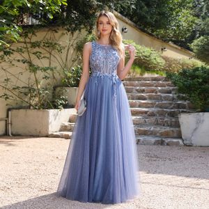 Ocean Blue Hollow Backless Bridesmeisje Prom Dresses 2024 A Line Appliques Sheer Jewel Neck Tule Lange avondjurken met appliques