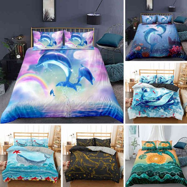 Juego de cama Ocean Dolphin para niños y adultos, estilo bohemio, funda nórdica con temática marina, edredón de criaturas marinas, funda de almohada, decoración para dormitorio