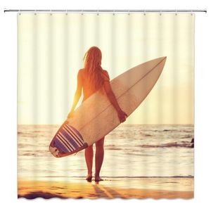 Oceaan Meisje Surf Douchegordijnen Strand Landschap Zeester Shell Badkamer Decor Thuis Bad Waterdicht Polyester Gordijn Set1326f