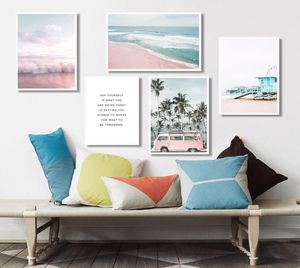 Ocean Landscape Canvas Affiche nordique de style nordique Bus rose mur art imprimé peinture décoration image scandinave décoration intérieure2490222