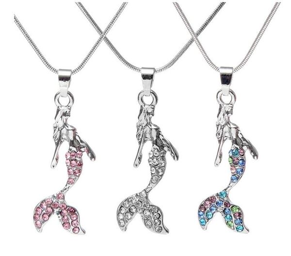 Collana a sirena di cristallo Ocean Queen Collana con ciondolo a forma di sirena con strass rosa bianco Ciondoli in argento per gioielli da donna e ragazza