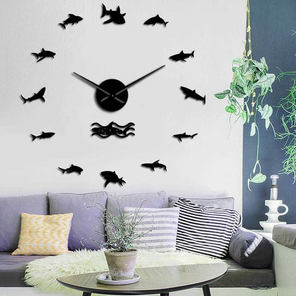 Ocean Shark Design Taille Moderne Réglable DIY Horloge Murale Mer Animaux Marins Quartz Acrylique Effet Miroir Autocollant Horloge Montre X0726