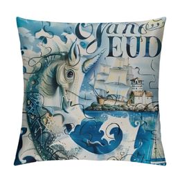 Ocean Theme kussens, marineblauwe zee -dieren dobboren kussensraden Seahorse kussensloop kust accent zomer decoratief voor thuis buiten