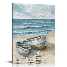 Ocean Wall Art Sea Canvas Paintings Beach Picture Boat Boat Travel Framed Imprimés Seaside Home Decor prêt à accrocher pour la salle de bain salon de chambre à coucher 16x20 pouces