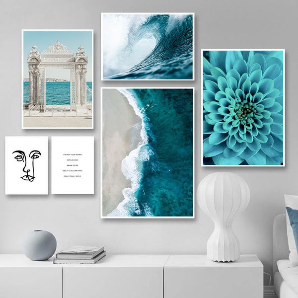 Póster de pared de flores azules con olas del océano, paisaje de playa y mar, lienzo impreso, pintura nórdica, arte escandinavo, cuadro decorativo para habitación