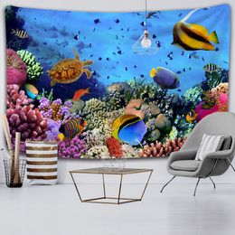 Ocean World Tapestry Blue Ocean Tropical Fish Coral Animals Art Wall Hanging Tapestry for Living Room Home Dormitory Decorations