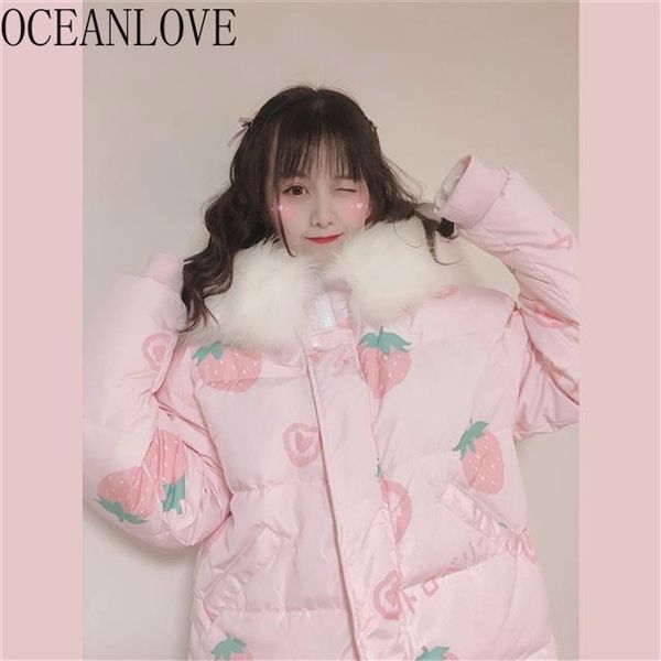 OCEANLOVE Japon Style Femmes Parkas Kawaii Rose Dessin animé Épais Vestes Chaudes Femme À Capuchon Manteau Doux Mode Outwear 18657 201217