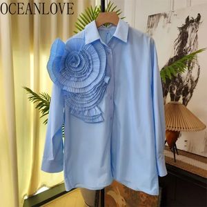 OCEANLOVE Effen Lente Herfst Shirts blouses 3D Bloemen Vintage Koreaanse Mode Vrouwen Tops Elegante Zoete Partij Blusas Mujer 240322