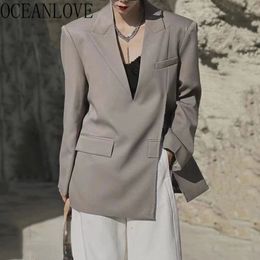 OCEANLOVE Lente Herfst Blazers Feminino Solid Koreaanse Fashion Vintage V-hals Blazer voor Vrouwen Onregelmatige Casaco 240202