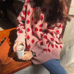 OCEANLOVE Sweet Women Sweaters Strawberry Print Long Pullovers Tops Otoño Invierno Loose Sueter Mujer Girls Knitwear 12498 201221