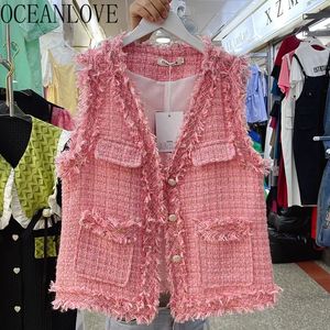 OCEANLOVE Tweed automne hiver vestes pour femmes Plaid mode coréenne élégant Chaquetas glands Vintage col en V Ropa De Mujer 240226