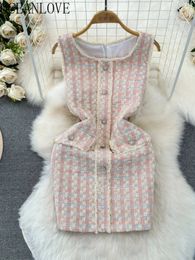 Oceanlove Tweed Women Robes Spring Summer Coorean Fashion Vestidos Mujer Plaid Elegant Contrast Couleur sans manches mini-robe 240529