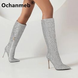 Ochanmeb Sexy talons aiguilles argent rouge paillettes bottes femmes mince talon haut Bling or pailleté genou-haut longue botte fête 231225