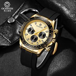 OCHSTIN relojes para hombre de marca superior, reloj deportivo grande de lujo para hombre, cronógrafo de pulsera de cuarzo de silicona, reloj masculino de diseño dorado 240125