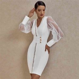 OCSTRAD BANDAGE -jurk lange mouw feestjurk 2021 Nieuwe aankomst herfst winter gaas sexy witte outfits voor dames bodycon jurk club 210322