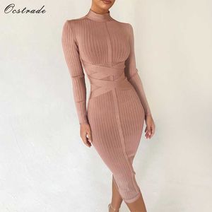 Ocstrade Robe Moulante Nude Col Roulé Rayonne À Manches Longues Bandage Haute Qualité Côtelé Femmes Midi Sexy 210527