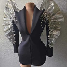 Ocstrade otoño 2023, abrigo de manga larga fruncida con cremallera para mujer, chaqueta Blazer para mujer, chaqueta para actuación de concierto con diamantes de imitación para