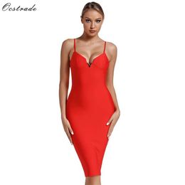 Ocstrade Fashion Midi Bandage Dress Rayon Spaghetti Strap Sexy Deep v Neck Red Bodycon Night Club Party 210527