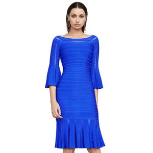 Ocstrade Runway Gedrapeerde Bandage Jurk Arrivals Dames Flare Sleeve Blue Bodycon Club Night Party ES 210527