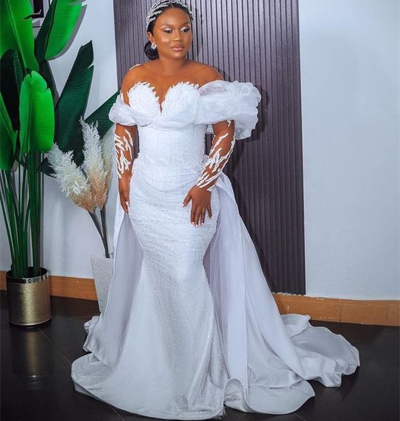 OCT Arabe Aso Ebi Plus taille Blanc Robe de mariée sirène à paillettes Lacetable Train détachable robes Bridal Robes ZJ0443 407