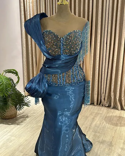 Oct Aso Ebi Arabe Navy Sirène Bride Robes Prom Prom Prom Prom Anniversaire Célébrité Mother of Groom Robes ZJ362 407