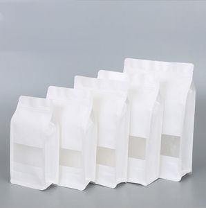 Achthoekige tas Thicken Stand Up White Kraft Paper Zip Tassen voor koffiemoeren Snack thee Verpakking Opslagzakken met Frosted Venster