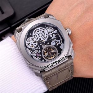 Octo Finissimo Tourbillon Titanium Steel Case 102719 BGO40PLTBXTSK Skeleton Automatic Mens Watch Strap de cuero gris nuevos TI336C