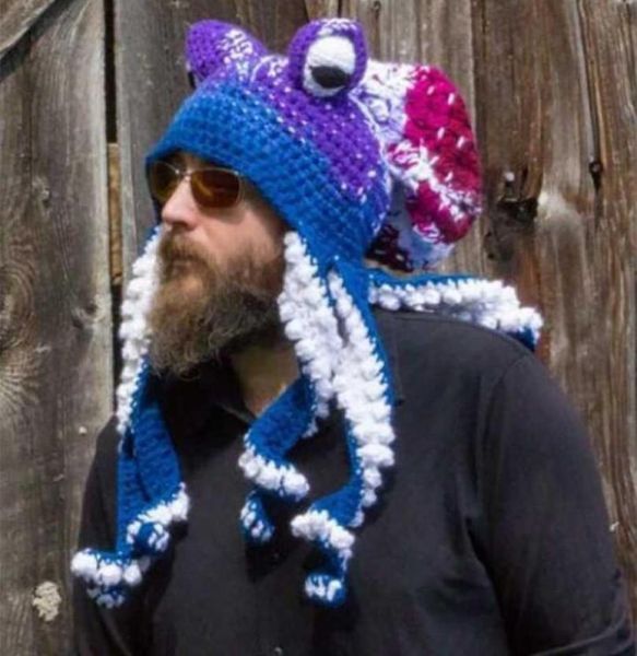 Gorros de lana tejidos a mano con barba de pulpo para hombre, gorros divertidos y complicados para fiesta de Navidad, gorros cálidos de invierno para parejas, gorro 2112315393018