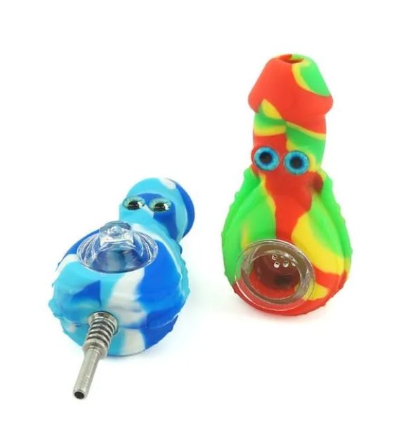 Produits de tuyaux en silicone en forme de poulpe Accessoires de tabac à ongles en titane en silicone Pipe à fumée à la main Silicium à base de plantes sèches Bong fabricant de bulles de verre