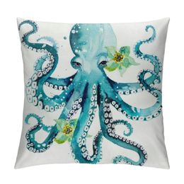 Octopus deksel kussensloop decoratieve vierkante groene bloem kussensloop wit kussensloop voor bed slaapkamer bank stoel oceaan blauw