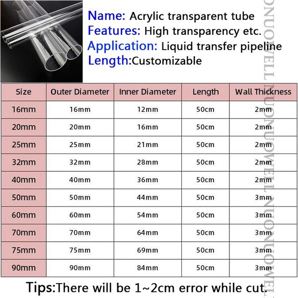 OD 16 ~ 90 mm Transparent tube acrylique Aquarium Aquarium Fourniture de pêche en plexiglass Alimentation en eau Pipe de tuyau