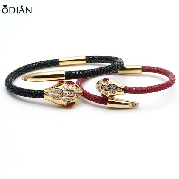 Pulsera de cabeza de serpiente de acero inoxidable de alta calidad de Odian Jewelry, pulsera de cuero genuino de stingray y python para mujer man235S