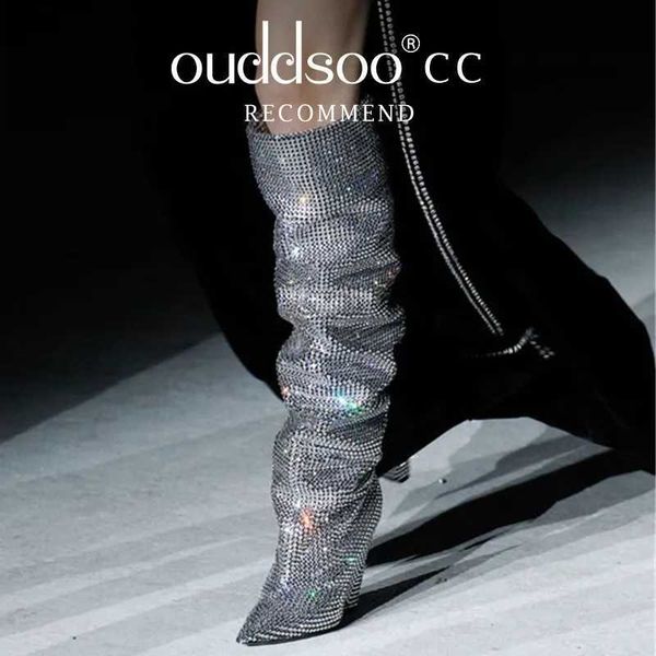 Ods Sexy Marque De Luxe Bling Argent Cristal Genou Haute Chunky Femmes Designer Empilés Cowboy Bottes Strass Glitter Chaussures 230922