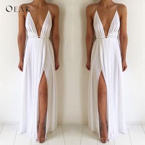 OEAK Sexy col en v sans manches robe d'été femmes blanc Maxi longue robe taille haute mode Bandage fête Boho plage Vestido