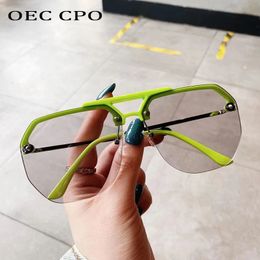 OEC CPO mode lunettes de soleil sans monture femmes surdimensionné vert gris lunettes de soleil dames marque lunettes Vintage grandes nuances UV400 240109