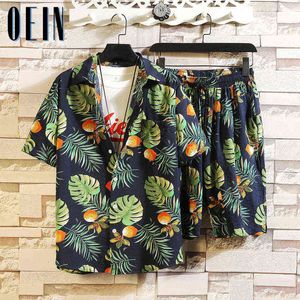 OEEF Fashion Hawaiian Print Korte Mouw Set Heren Beach Coconut Print Shorts Zomer Heren Dagelijks Tweedelig Strand Set G1222