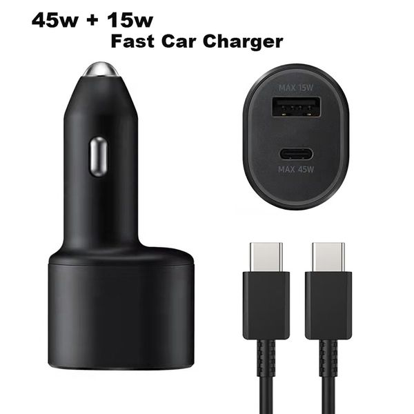 Adaptateur de chargeur de voiture rapide OEM 2 en 1 45w + 15w charge super rapide PD USB Type C Port Auto 1m 3FT câble ligne de données pour Samsung Galaxy S23 S22 5g S21 Note 20 10 avec boîte