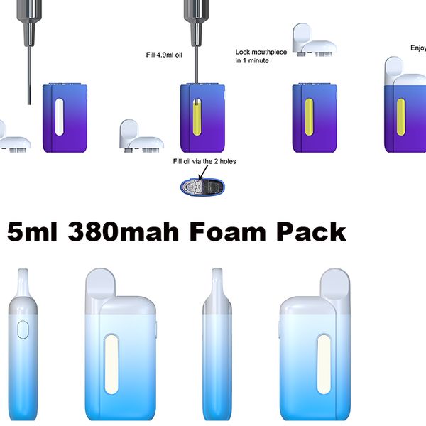 Pods de dispositif vides OEM 5 ml, batterie rechargeable noire blanche colorée de 380 mAh avec lumière inférieure à LED, port USB jetable de type C avec boîte en mousse