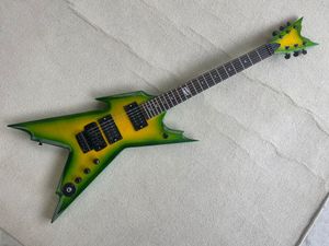 Guitare électrique corps vert/jaune OEM 6 cordes avec touche palissandre, pont trémolo, peut être personnalisé