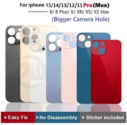 OEM Big Hole Terug Glas Behuizingen Voor iPhone 15 14 13 12 11 pro max 8 8Plus X XR XS Batterij Achter Cover Behuizing met sticker