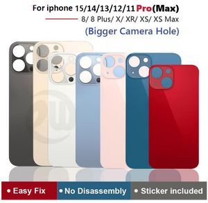 Carcasas de cristal traseras con orificio grande OEM para iPhone 15, 14, 13, 12, 11 pro max, 8, 8Plus, X, XR, XS, carcasa trasera de batería con pegatina