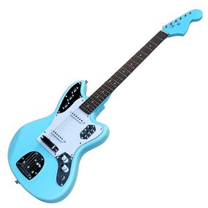 Guitare électrique bleue OEM avec touche en palissandre et pickguard blanc, micros SS, matériel chromé, offrant un service personnalisé